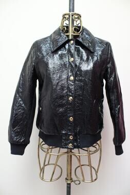 Alexa Chung Black Faux Patent Crinkled Leather Bomber Jacket Size UK 10/US 6